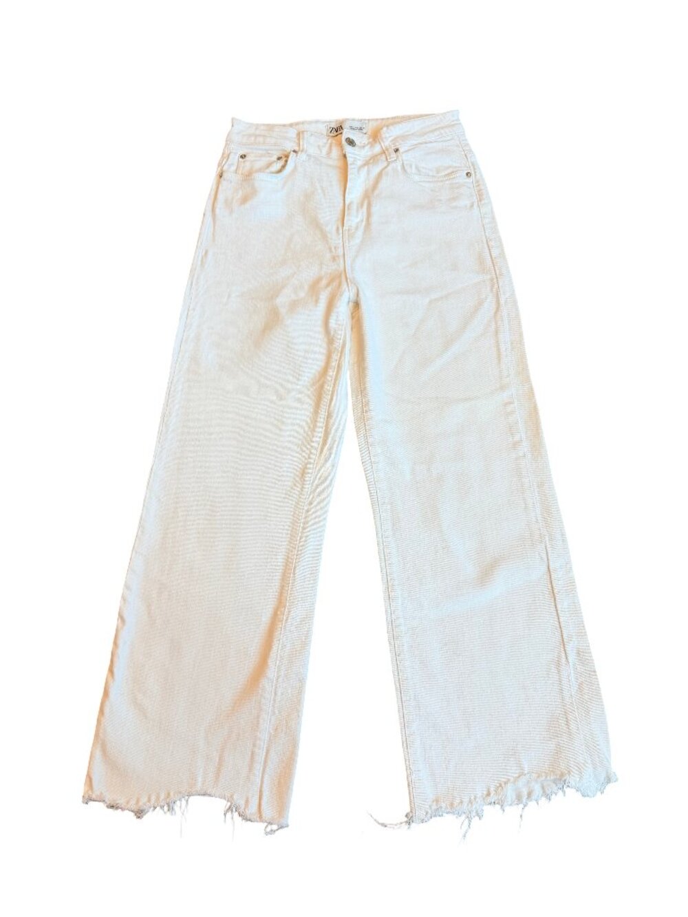 Zara White Denim Jeans Wide Leg Raw Hem Classic Everyday Pants Size 6 Women's